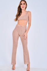 Rose Gold Knitted Metallic Tie Waist Flared Trousers - Davlynn-Trousers