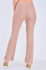 Rose Gold Knitted Metallic Tie Waist Flared Trousers - Davlynn-Trousers