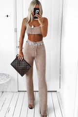 Rose Gold Knitted Metallic Tie Waist Flared Trousers - Davlynn-Trousers