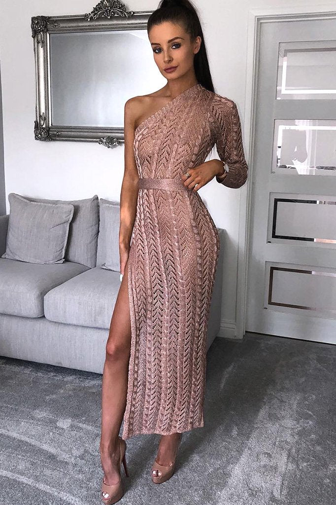 Rose Gold Knitted One Shoulder Belted Dress - Kasyn Rebellious Fashion Rose Gold Knitted One Shoulder Belted Dress - Kasyn Rebellious Fashion