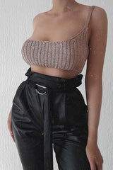 Rose Gold Knitted One Shoulder Crop Top - Houda-Crop Tops