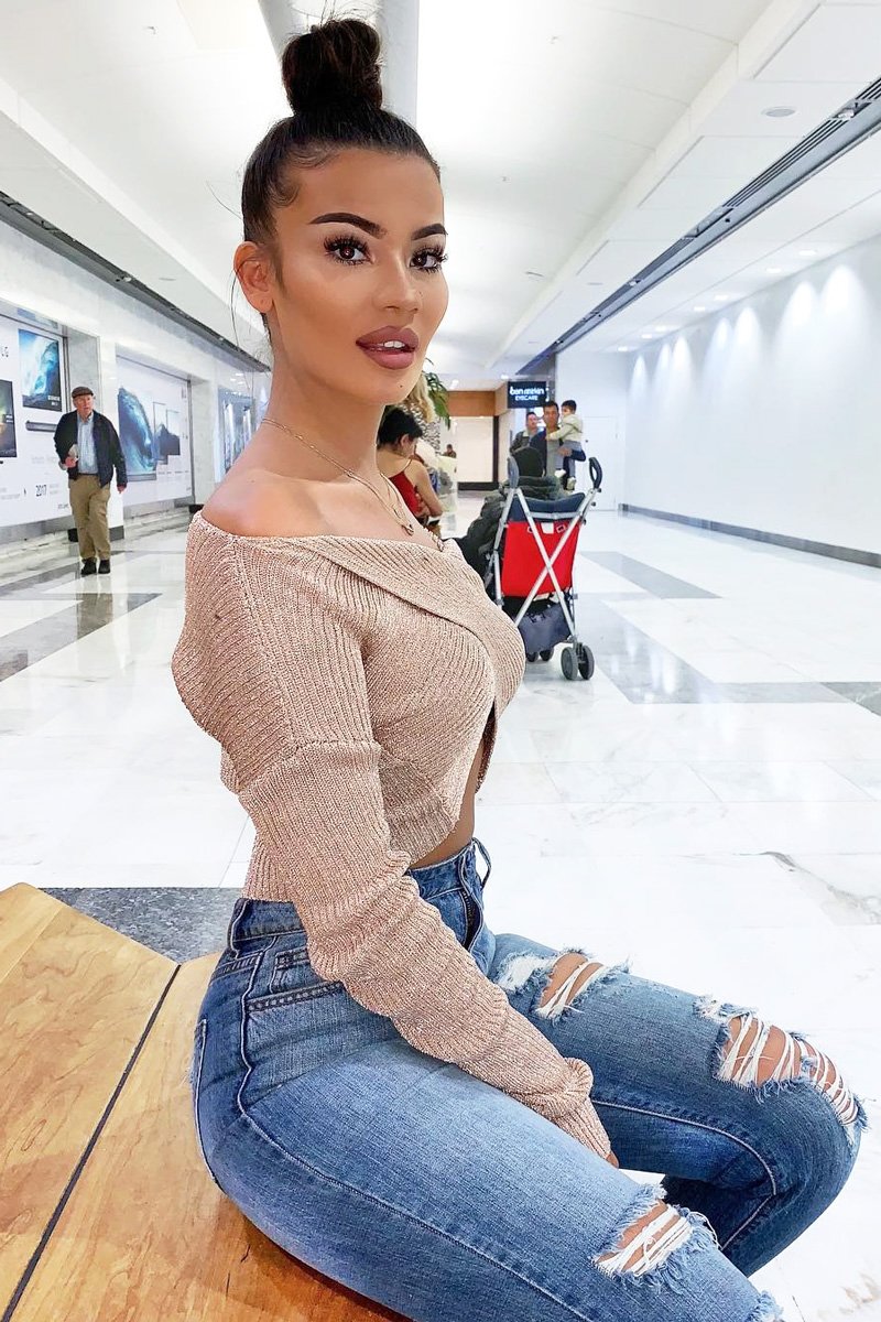 Rose Gold Knitted Twist Front Long Sleeve Crop Top - Aaliyahrose-Crop Tops