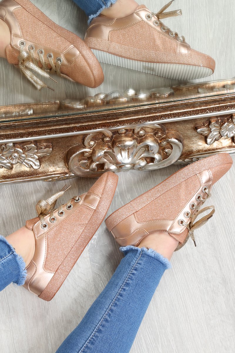 Rose Gold Lace Up Glitter Trainers - Siarra-Trainers