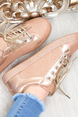 Rose Gold Lace Up Glitter Trainers - Siarra-Trainers