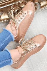 Rose Gold Lace Up Glitter Trainers - Siarra-Trainers