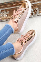 Rose Gold Lace Up Glittery Shiny Trainers - Jessie-Trainers
