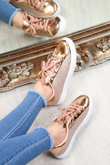 Rose Gold Lace Up Glittery Shiny Trainers - Jessie-Trainers