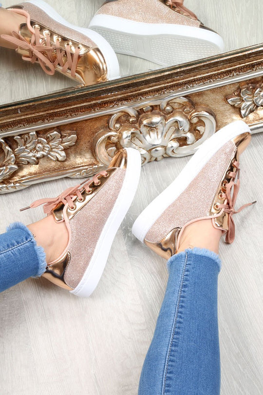 Rose Gold Lace Up Glittery Shiny Trainers - Jessie