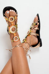 Rose Gold Lace Up Gold Ring Gladiator Sandals - Belva-Sandals