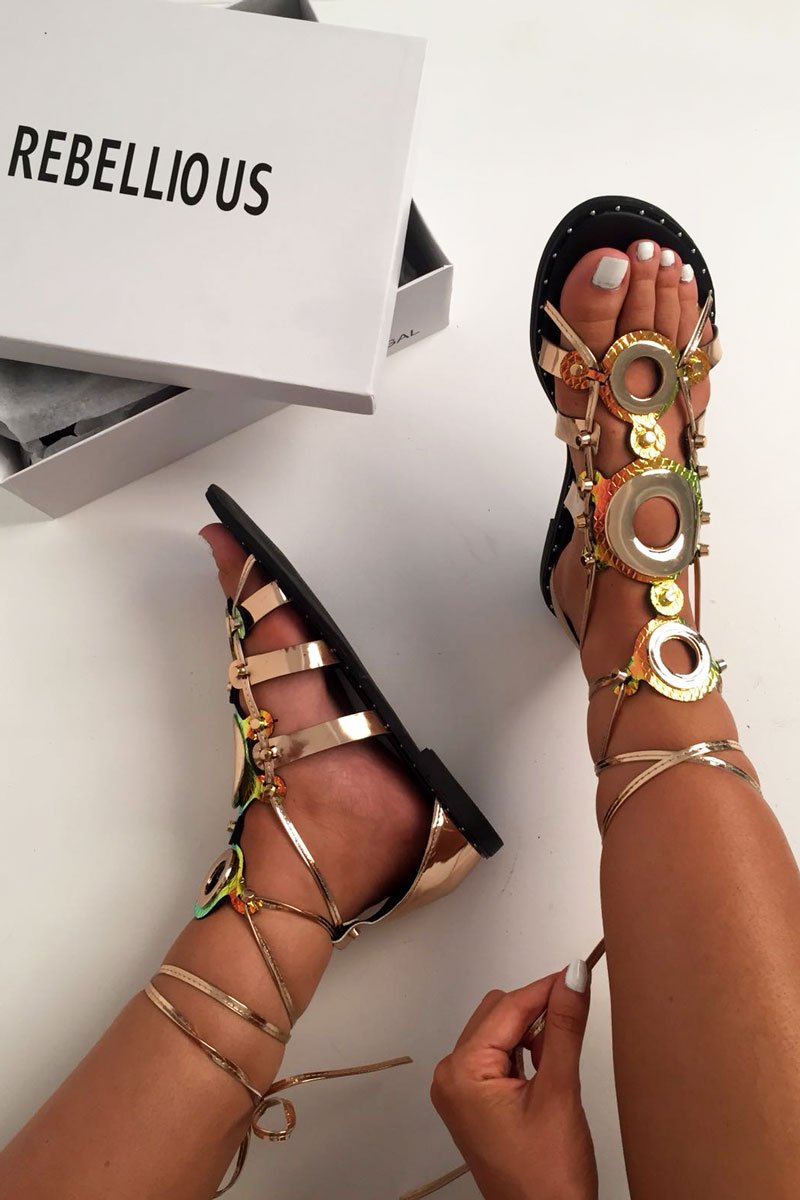 Rose Gold Lace Up Gold Ring Gladiator Sandals - Belva-Sandals