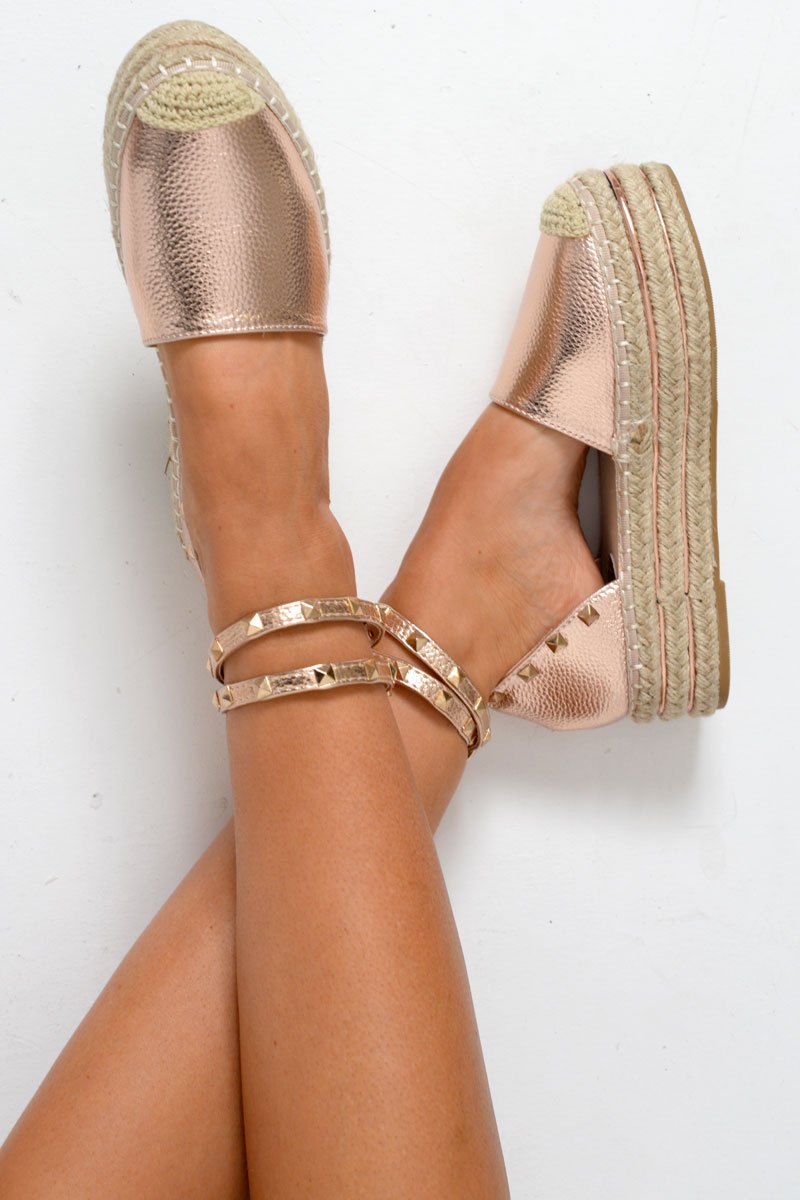 Rose Gold Leather Studded Espadrille Flatforms - Elara-Wedges