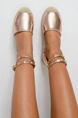 Rose Gold Leather Studded Espadrille Flatforms - Elara-Wedges
