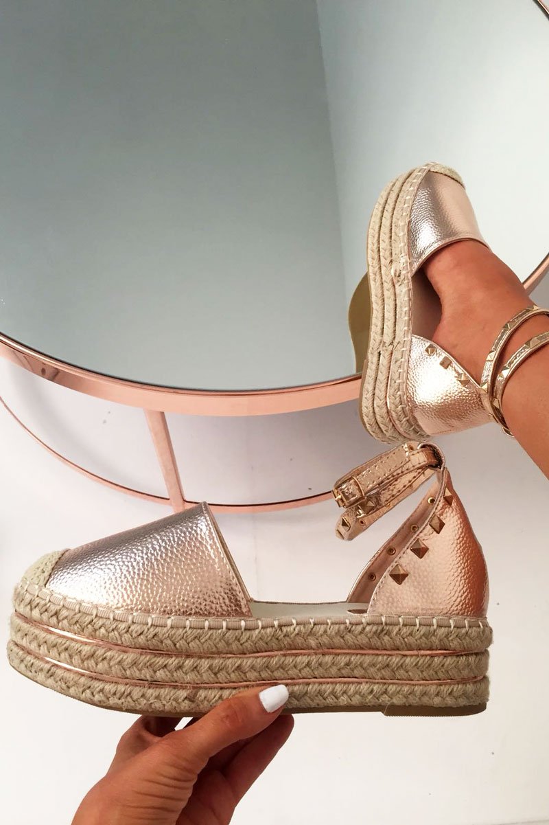 Rose Gold Leather Studded Espadrille Flatforms - Elara-Wedges