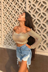 Rose Gold Metallic Bardot Frill Crop Top - Bindi-Crop Tops