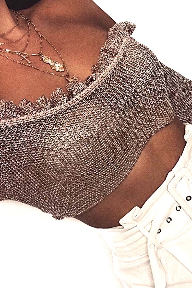 Rose Gold Metallic Bardot Frill Crop Top - Bindi-Crop Tops