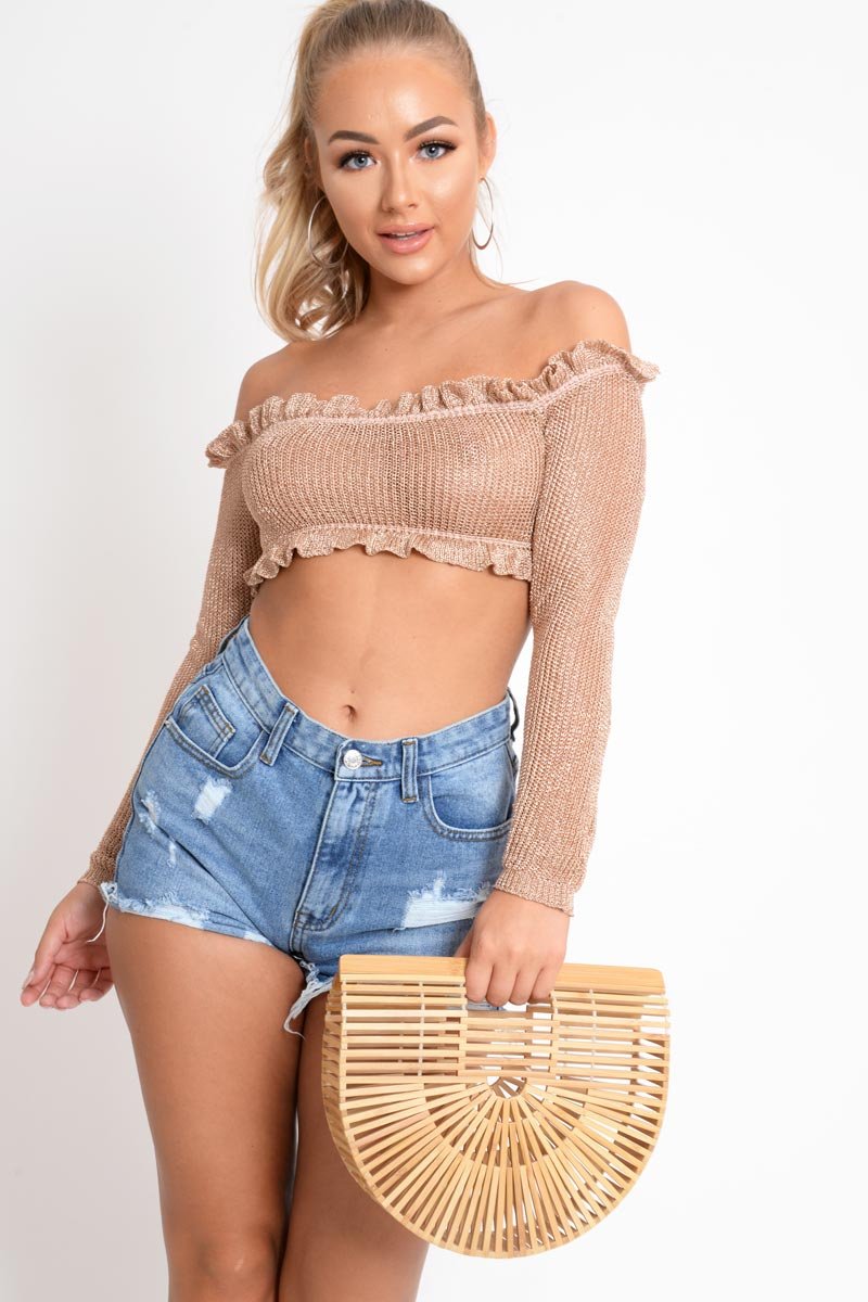 Rose Gold Metallic Bardot Frill Crop Top - Bindi-Crop Tops
