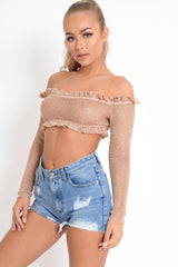 Rose Gold Metallic Bardot Frill Crop Top - Bindi-Crop Tops
