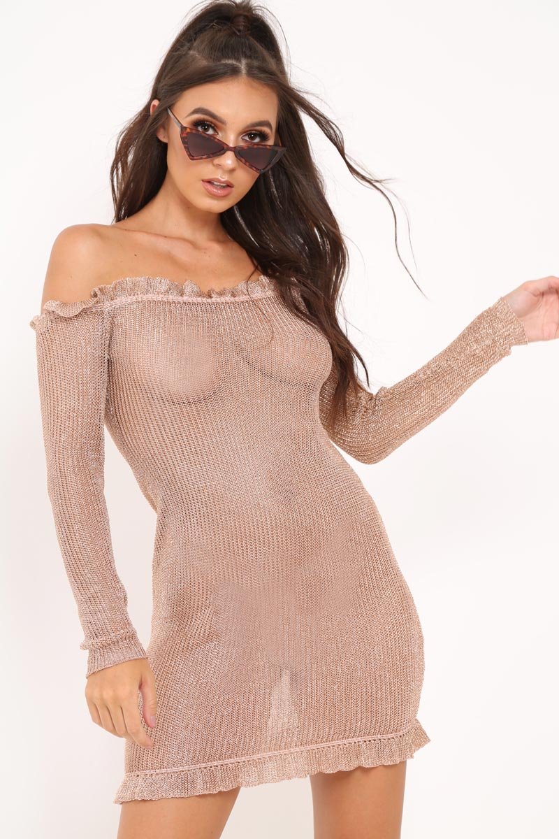 Rose Gold Metallic Bardot Frill Mini Dress - Analyssa-Dresses
