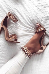 Rose Gold Metallic Frill Strap Heels - Ellia-Heels