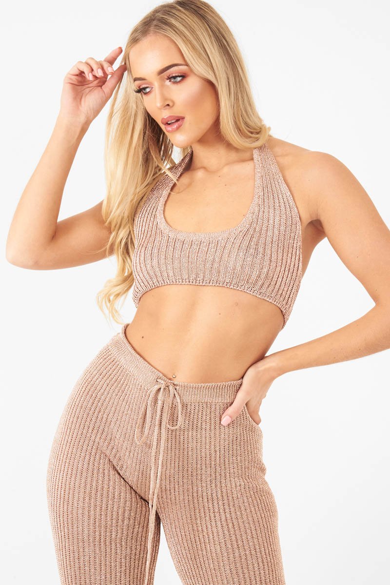 Rose Gold Metallic Halter Neck Bralet - Nyella-Bralets