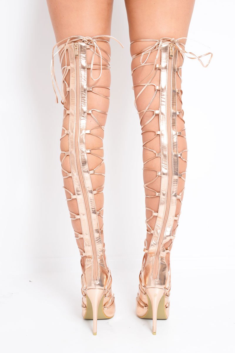 Rose Gold Metallic Knee High Lace Up Heels - Jadalee-Heels