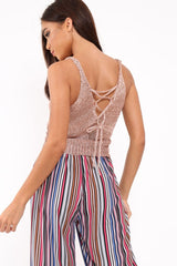 Rose Gold Metallic Knit Lace Up crop Top - Odella-Crop Tops