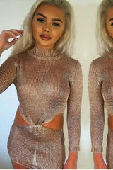 Rose Gold Metallic Knitted Cut Out Gathered Front Dress - Idah-Dresses