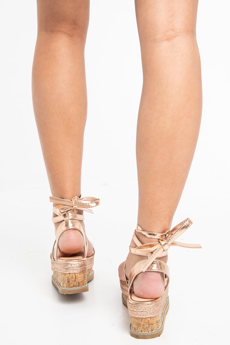 Rose Gold Metallic Lace Up Platform Wedges - Camara-Wedges