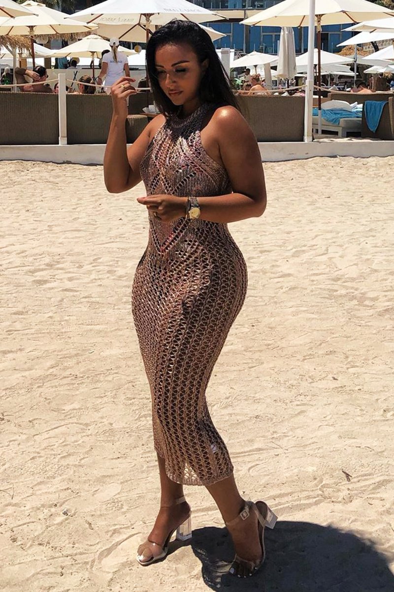 Rose Gold Metallic Mesh Maxi Dress - Helma Rebellious Fashion Rose Gold Metallic Mesh Maxi Dress - Helma Rebellious Fashion