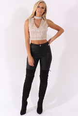 Rose Gold Metallic Pleated High Neck Cut Out Crop Top - Polly-Crop Tops