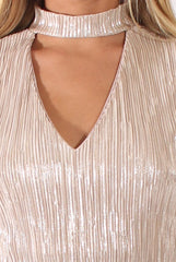 Rose Gold Metallic Pleated High Neck Cut Out Crop Top - Polly-Crop Tops