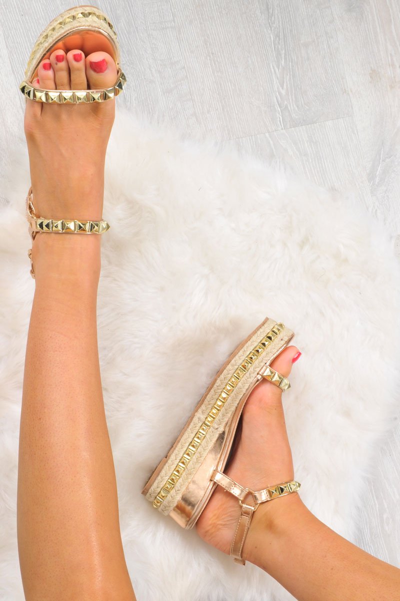Rose Gold Metallic Studded Wedge Sandals - Harriette-Sandals