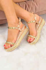 Rose Gold Metallic Studded Wedge Sandals - Harriette-Sandals