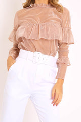 Rose Gold Metallic Thread Ruffle Top - Lilliona-Tops