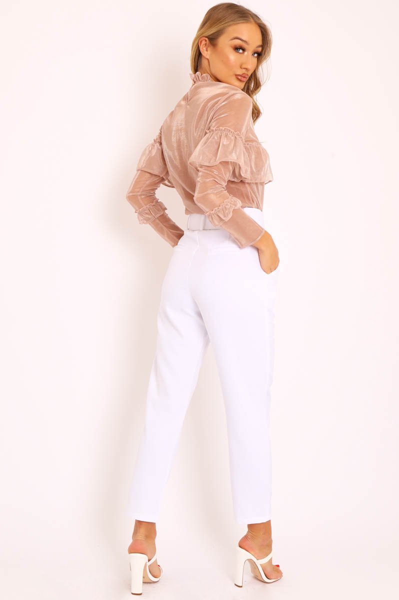 Rose Gold Metallic Thread Ruffle Top - Lilliona-Tops