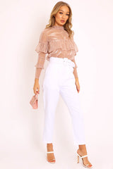Rose Gold Metallic Thread Ruffle Top - Lilliona-Tops