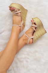 Rose Gold Metallic Three Multi Strap Wedges - Makya-Wedges