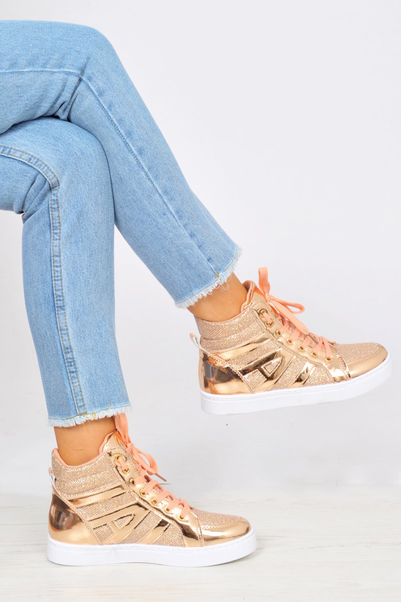 Rose Gold Metallic and Shimmer Effect High Top Lace Up Trainers - Dessie-Trainers