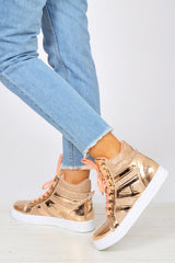 Rose Gold Metallic and Shimmer Effect High Top Lace Up Trainers - Dessie-Trainers