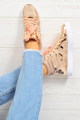 Rose Gold Metallic and Shimmer Effect High Top Lace Up Trainers - Dessie-Trainers