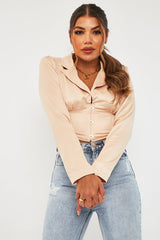 Rose Gold Satin Puff Shoulder Crop Top - Ciarra-Crop Tops
