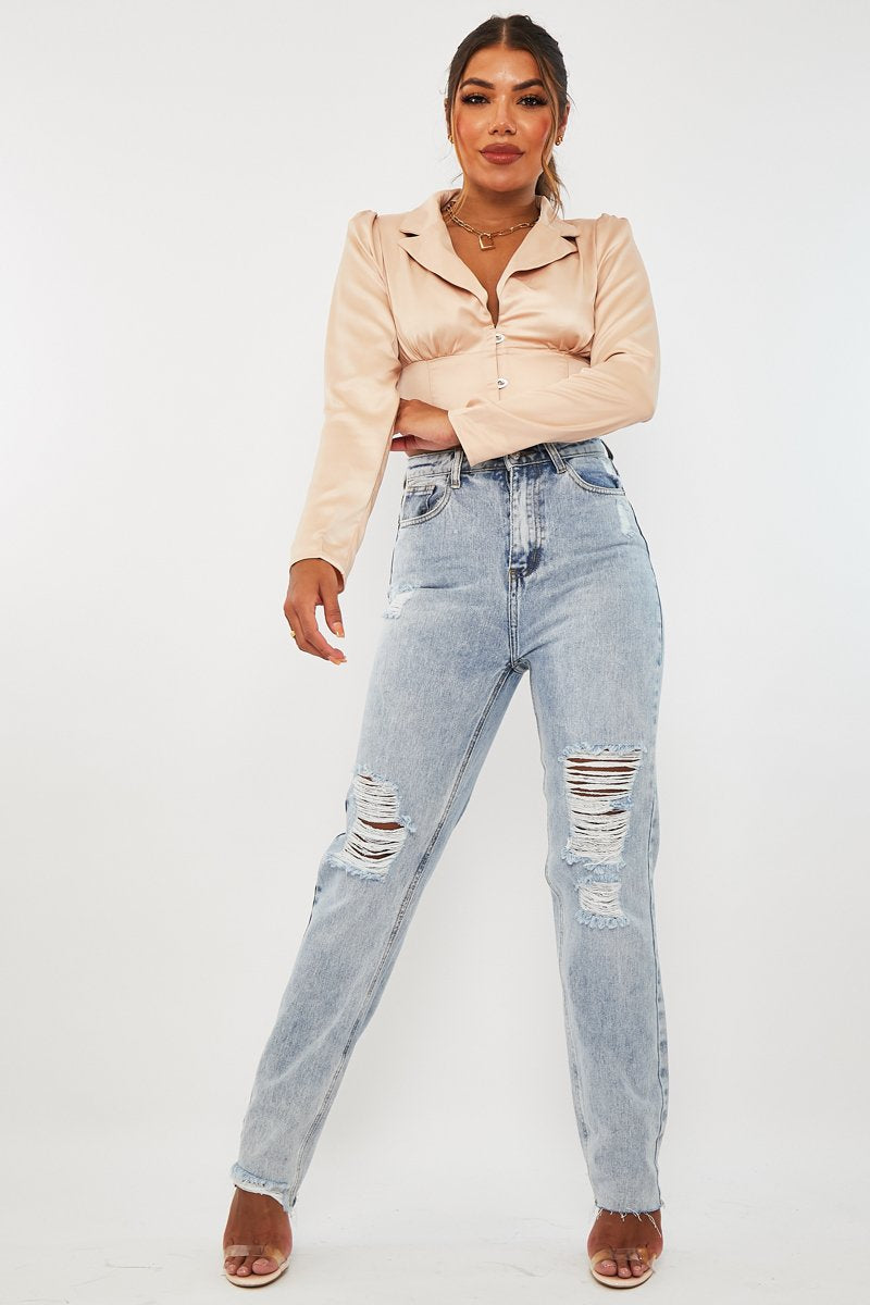 Rose Gold Satin Puff Shoulder Crop Top - Ciarra-Crop Tops