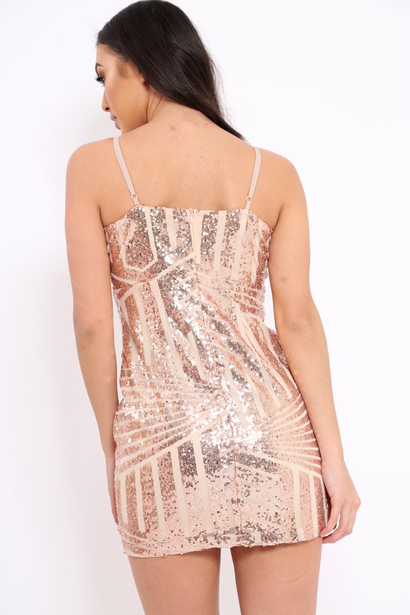 Rose Gold Sequin Cross Strap Mini Dress - Krystal-Dresses
