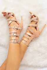 Rose Gold Shimmery Studded Buckle Heels - Gelena-Heels