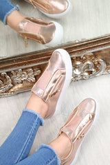 Rose Gold Shiny Double Zip Front Slide On Trainers - Sisley-Trainers