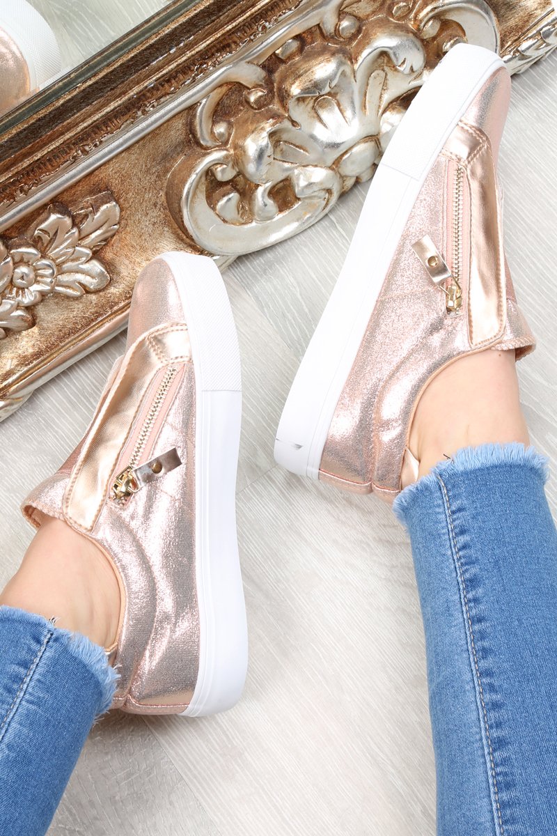 Rose Gold Shiny Double Zip Front Slide On Trainers - Sisley-Trainers