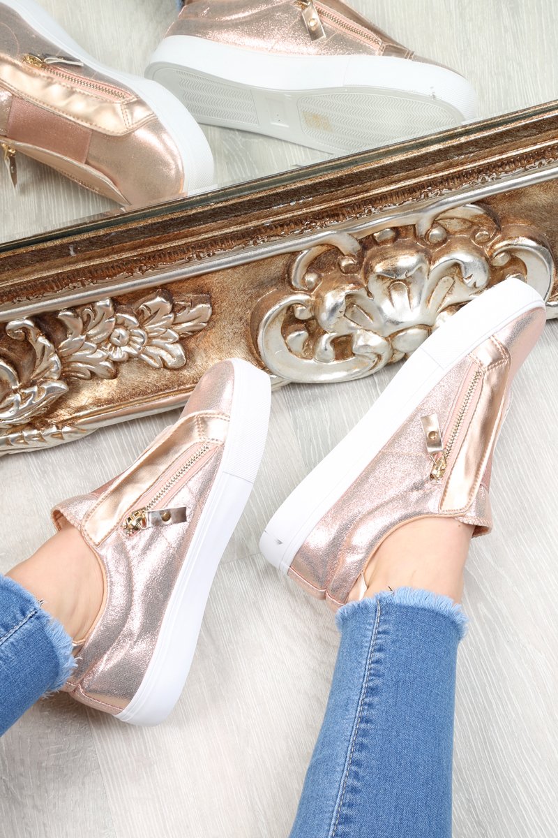 Rose Gold Shiny Double Zip Front Slide On Trainers - Sisley-Trainers