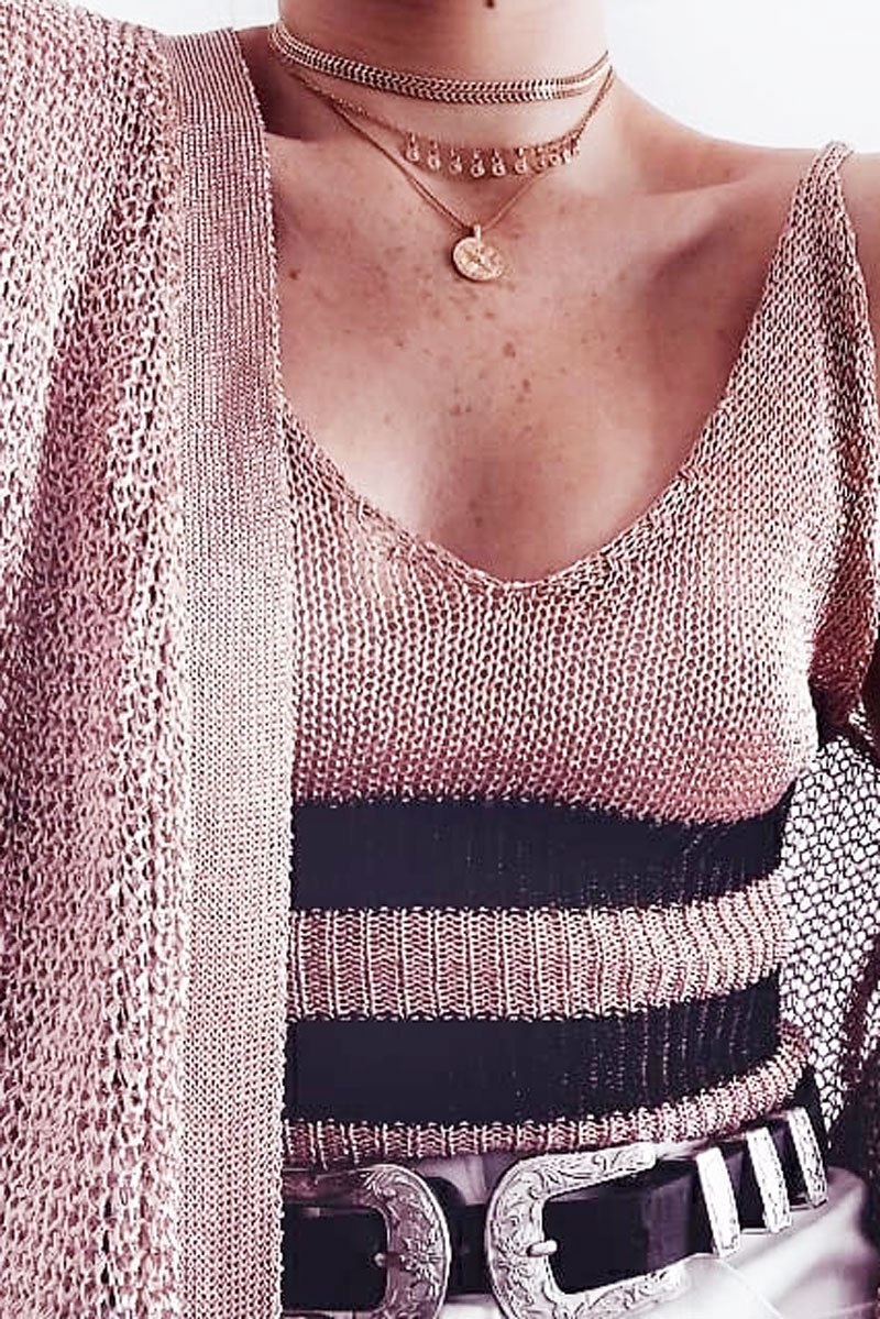 Rose Gold Shiny Two Stripe Crop Top- Natacha-Tops