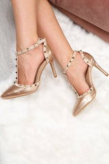 Rose Gold Studded T-Bar Court Heels - Kiri-Heels