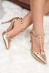 Rose Gold Studded T-Bar Court Heels - Kiri-Heels